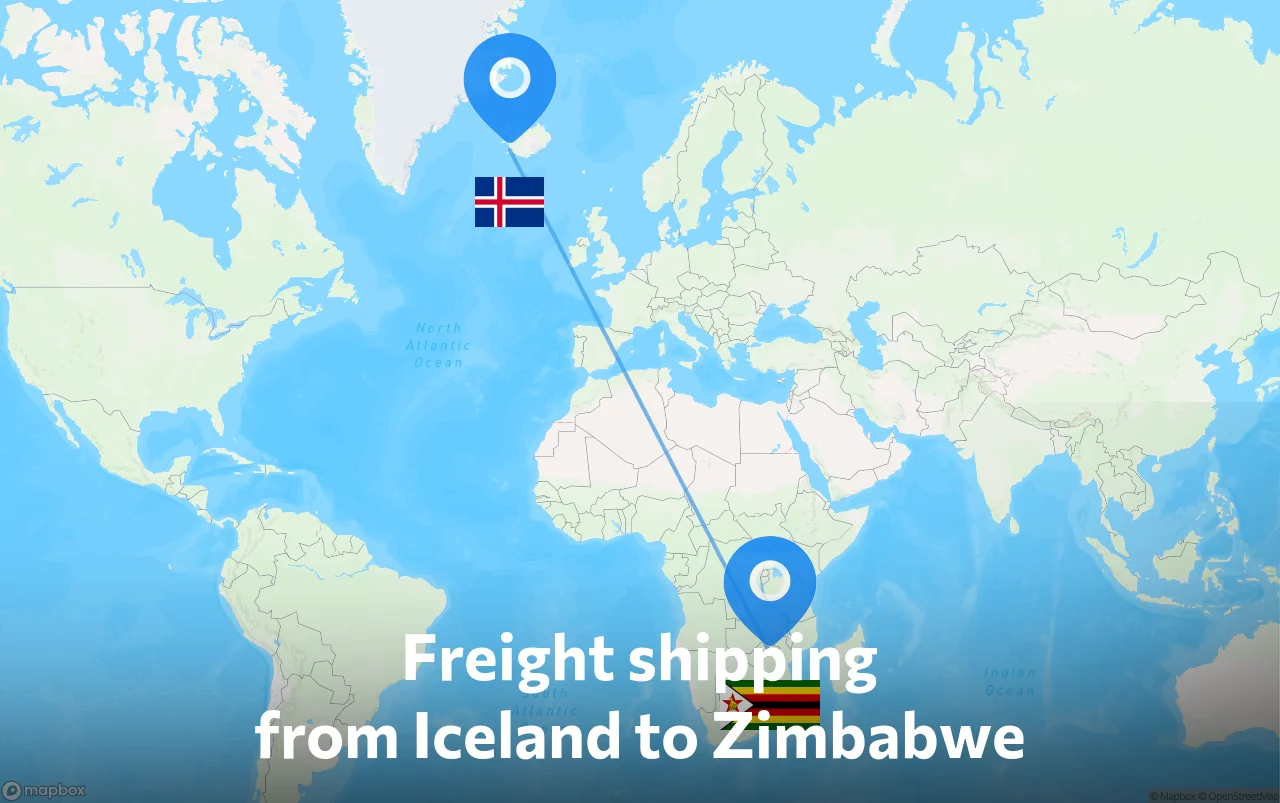 Shipping route from Iceland to Zimbabwe