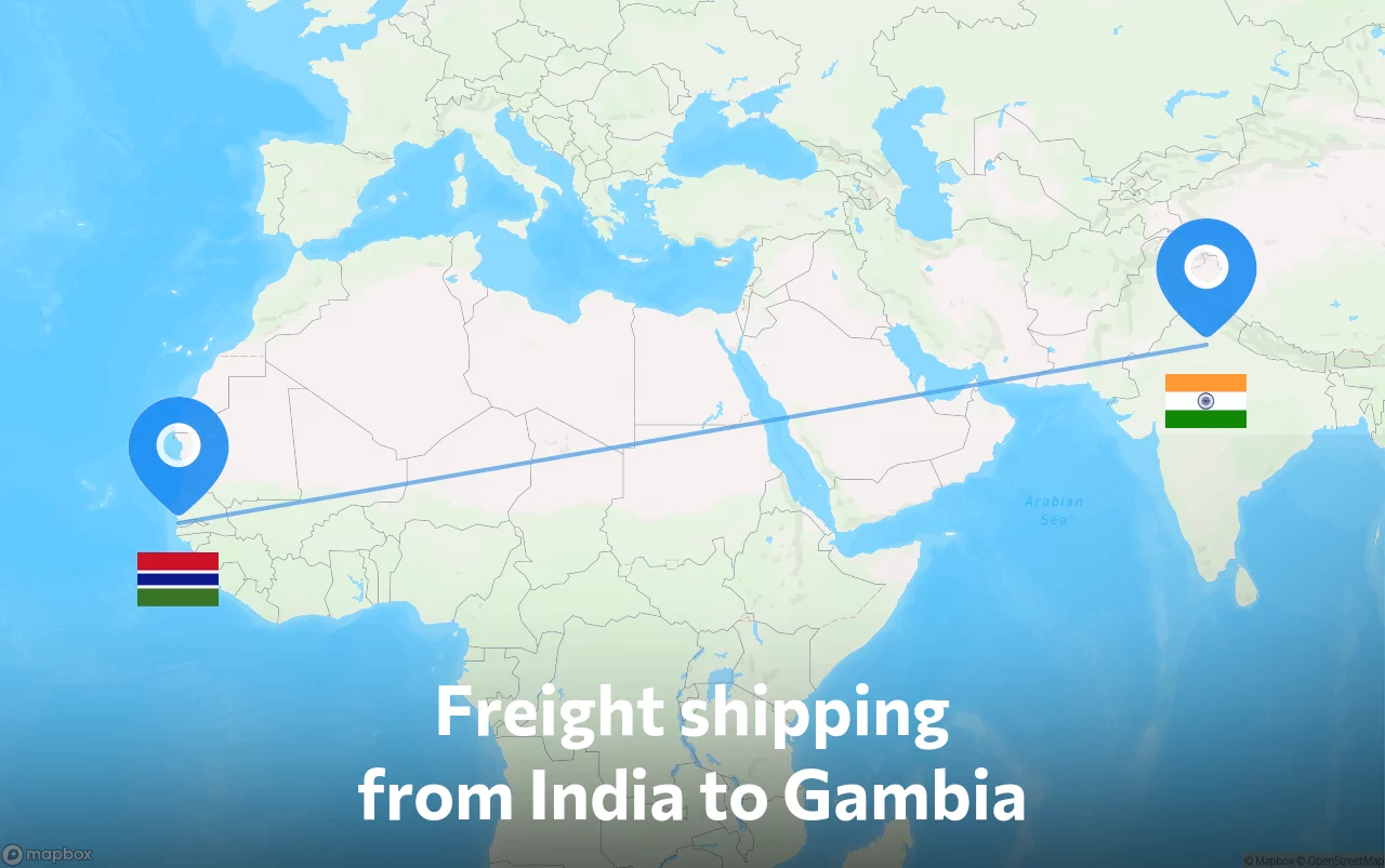 Shipping route from India to Gambia