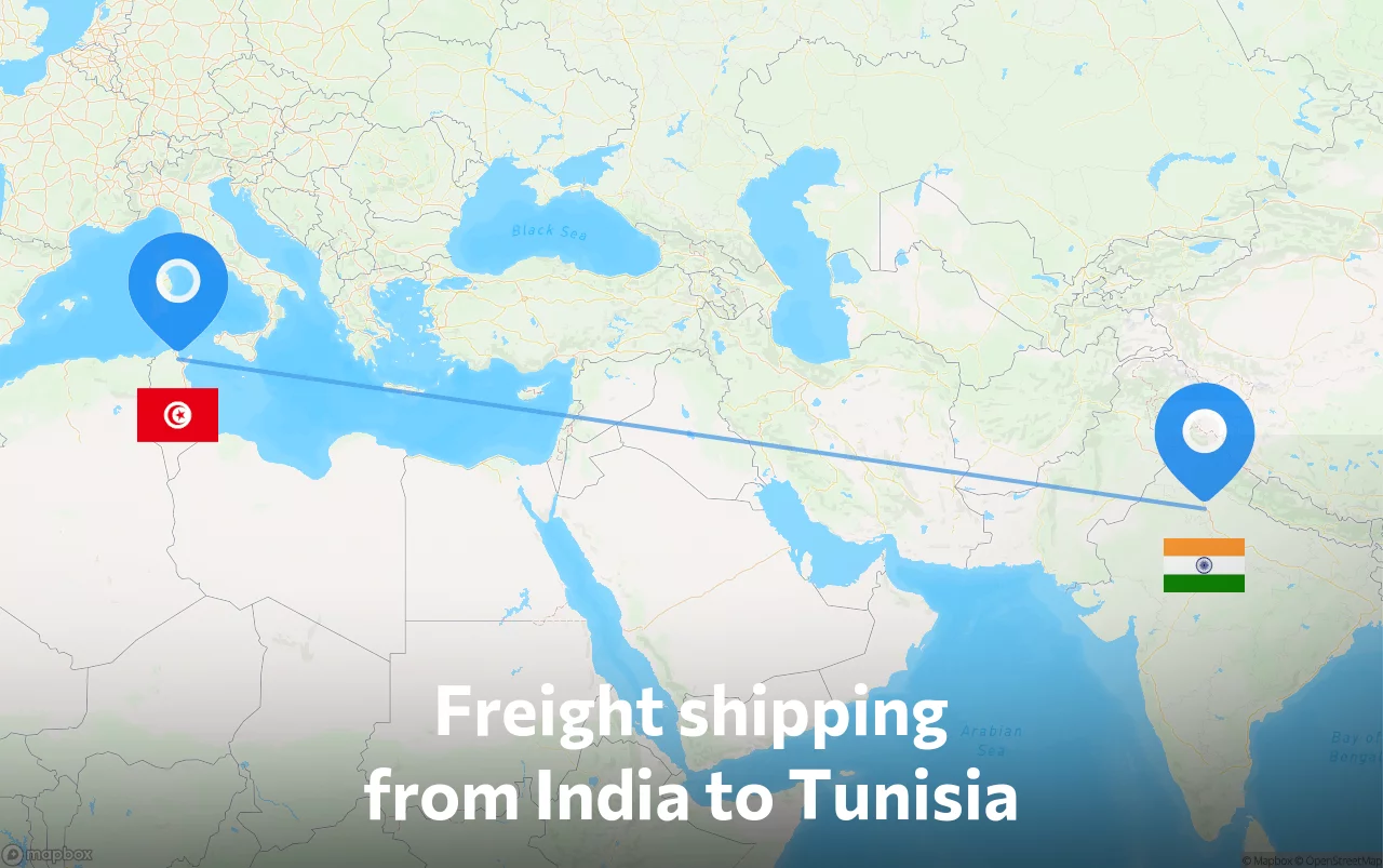 Shipping route from India to Tunisia