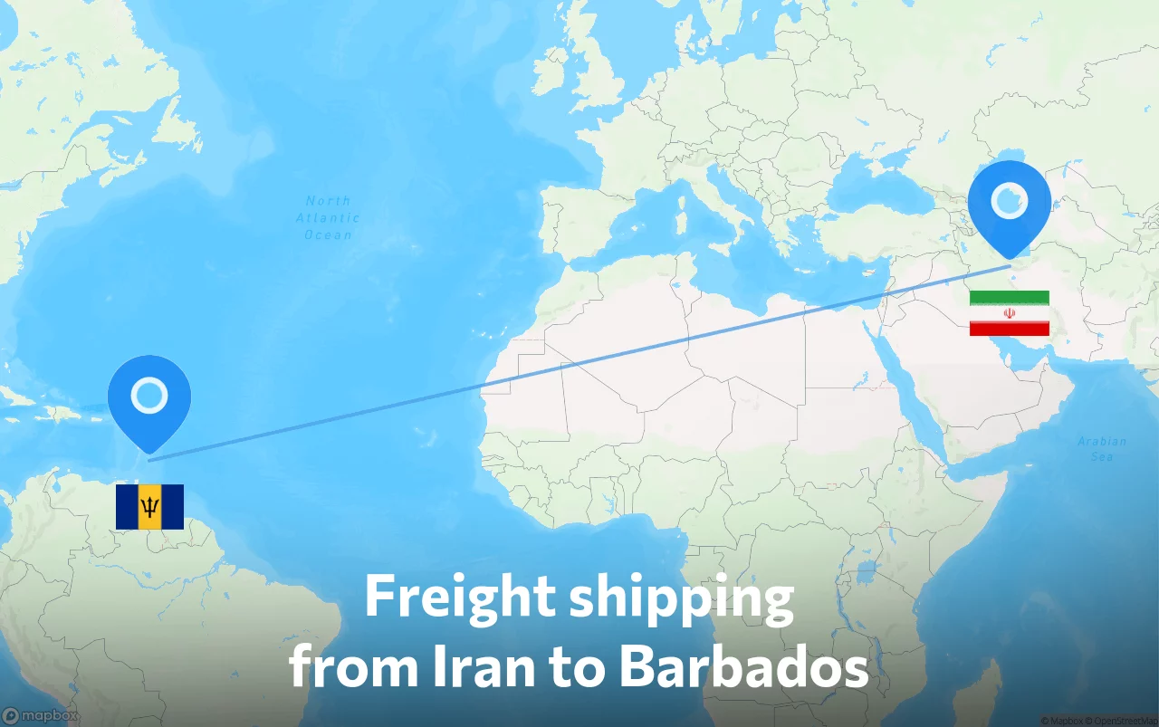 Shipping route from Iran to Barbados