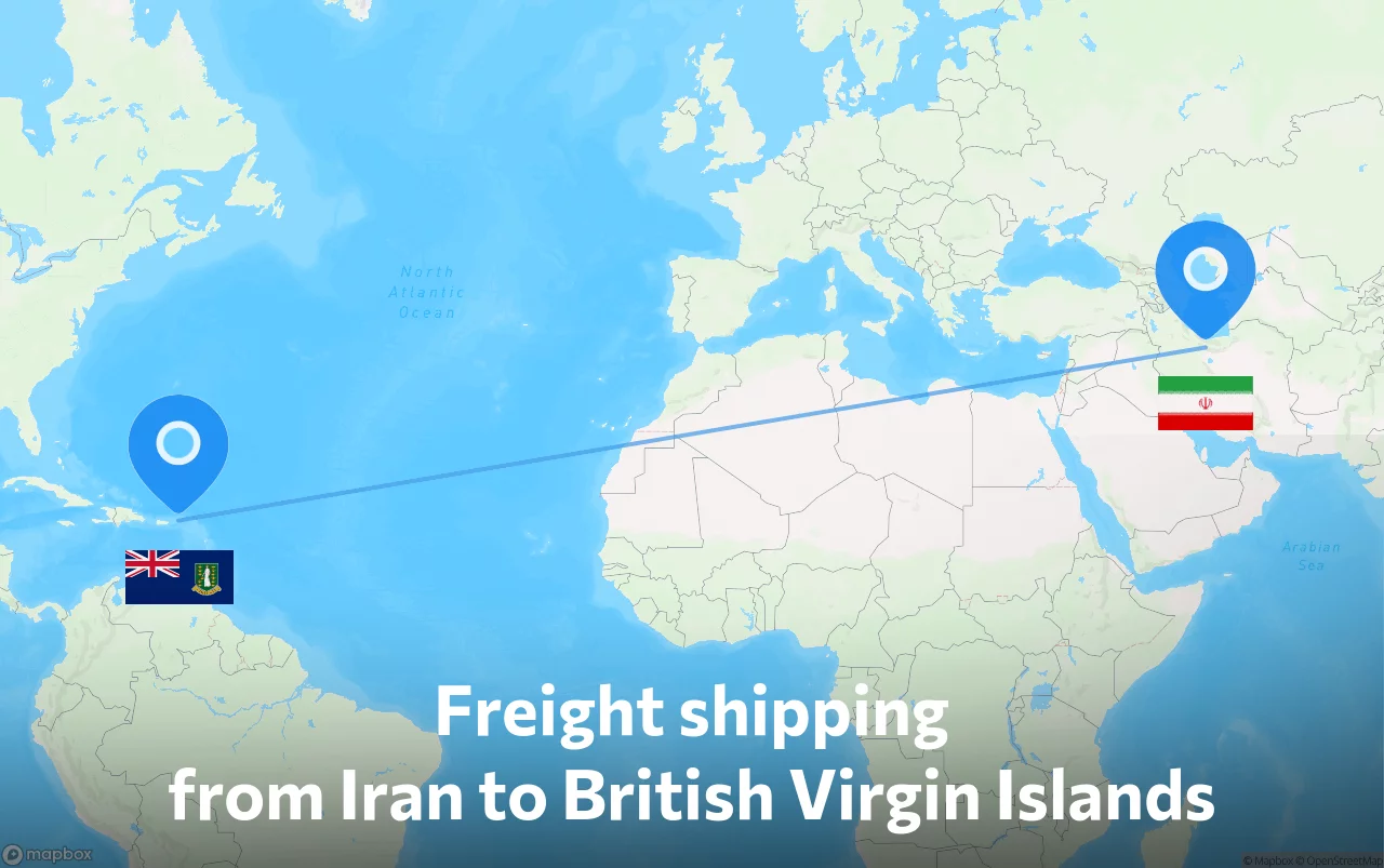Shipping route from Iran to British Virgin Islands