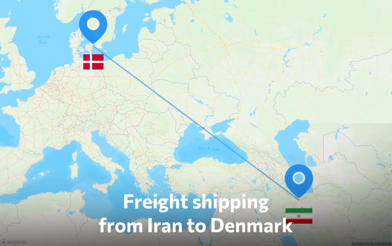 Shipping route from Iran to Denmark