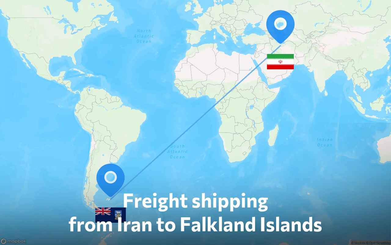 Shipping route from Iran to Falkland Islands