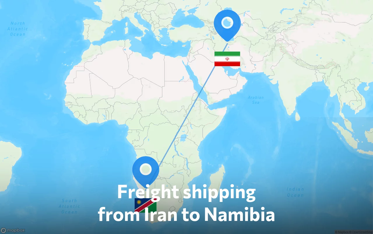 Shipping route from Iran to Namibia
