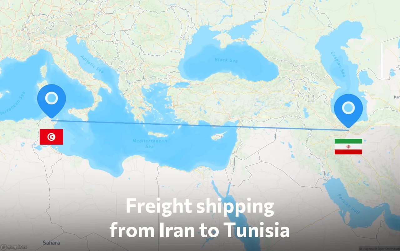 Shipping route from Iran to Tunisia