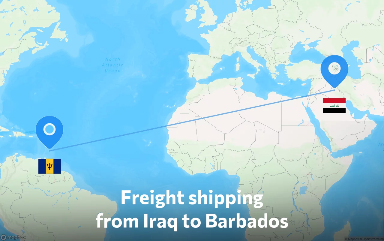 Shipping route from Iraq to Barbados