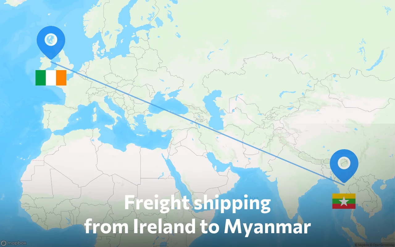 Shipping route from Ireland to Myanmar