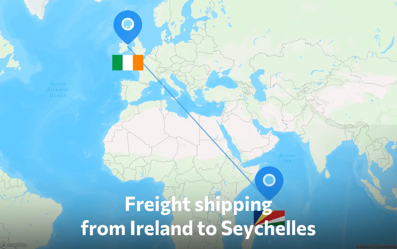 Shipping route from Ireland to Seychelles
