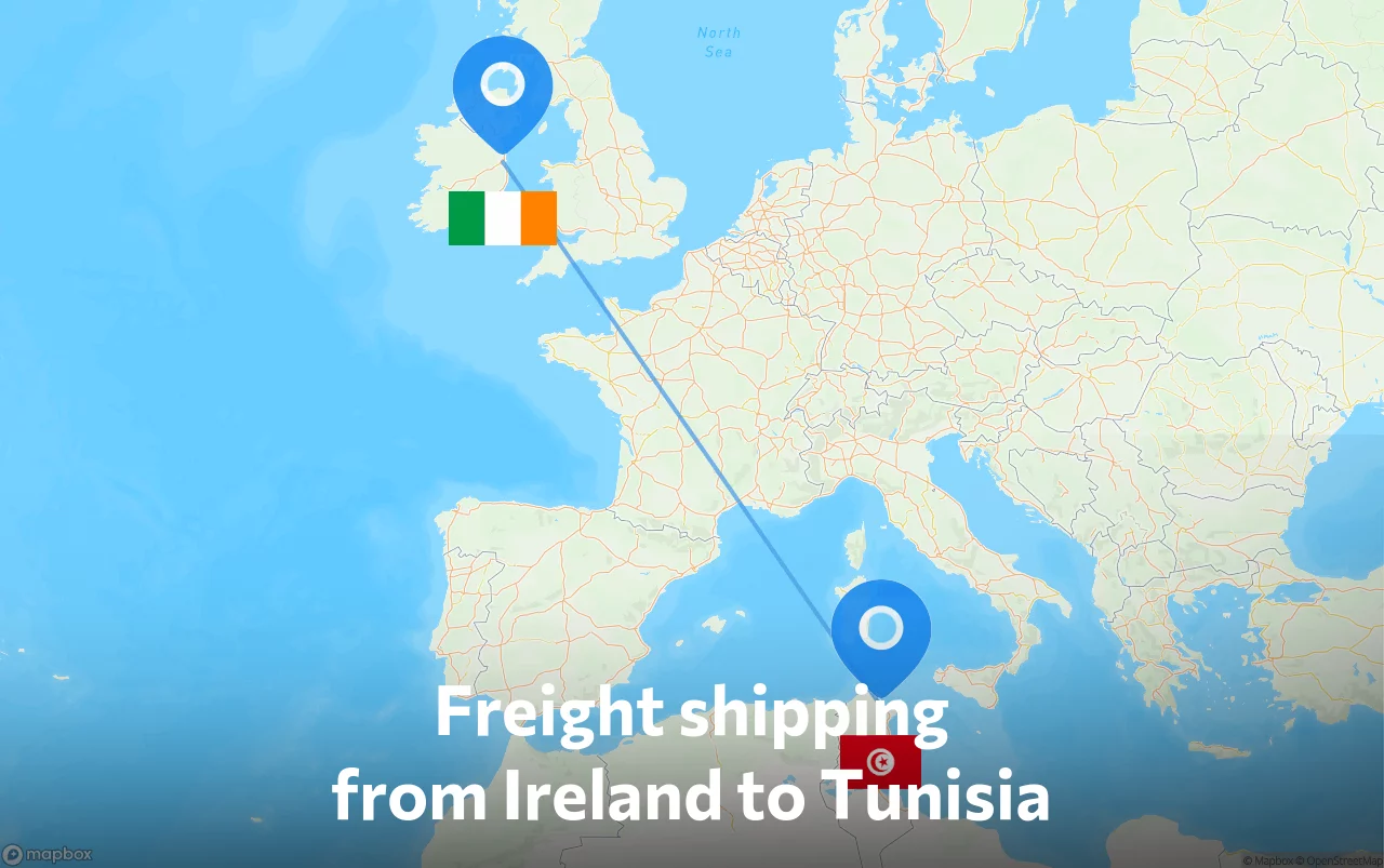 Shipping route from Ireland to Tunisia