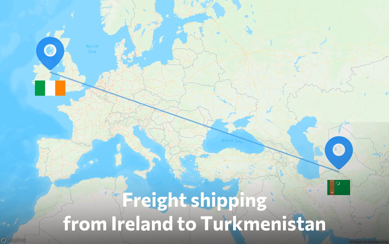 Shipping route from Ireland to Turkmenistan