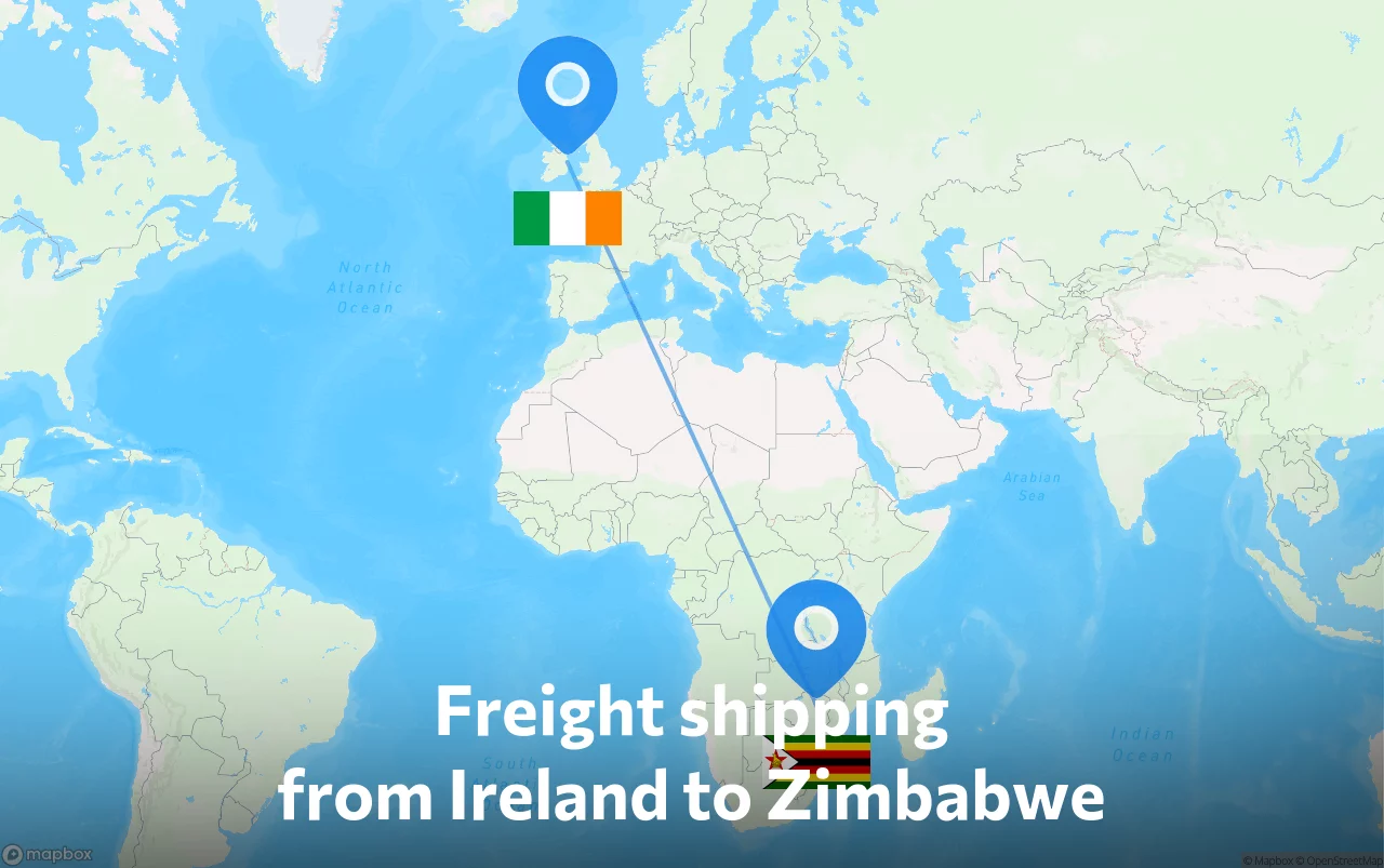 Shipping route from Ireland to Zimbabwe