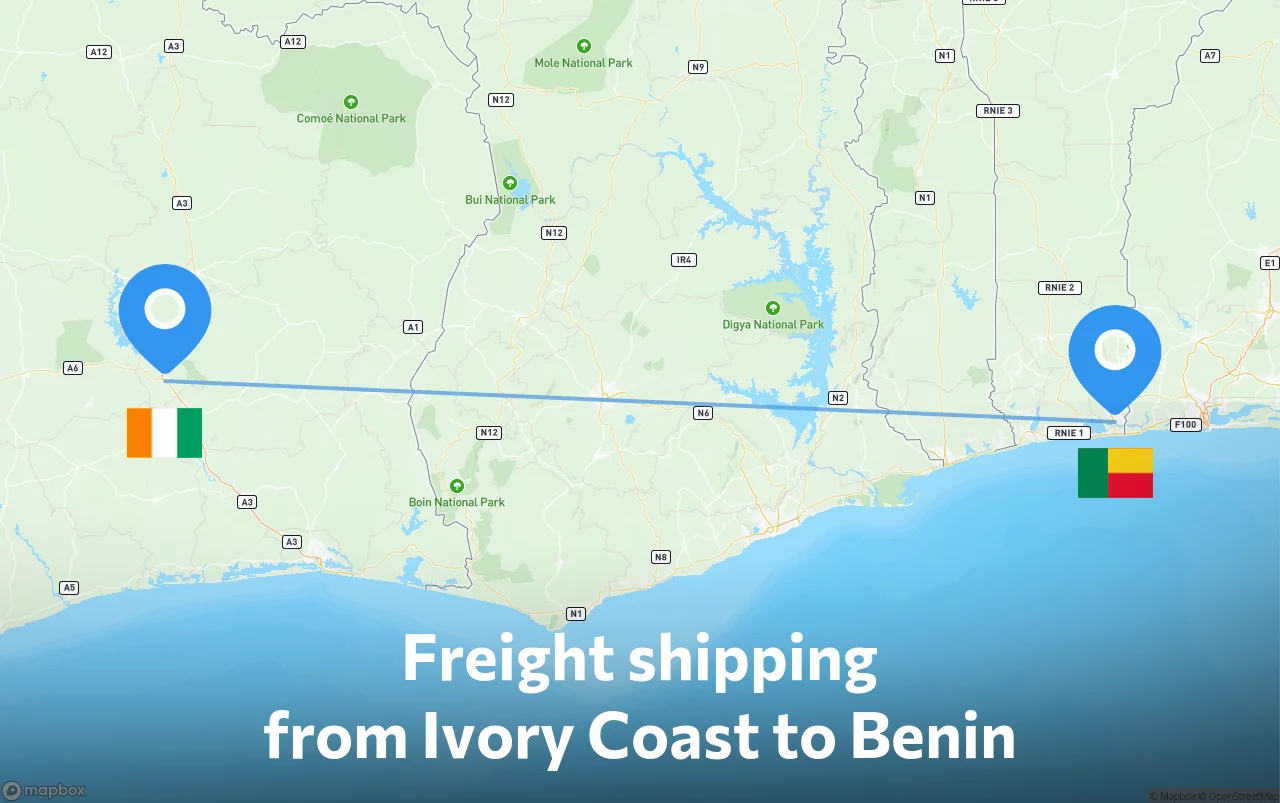 Shipping route from Ivory Coast to Benin