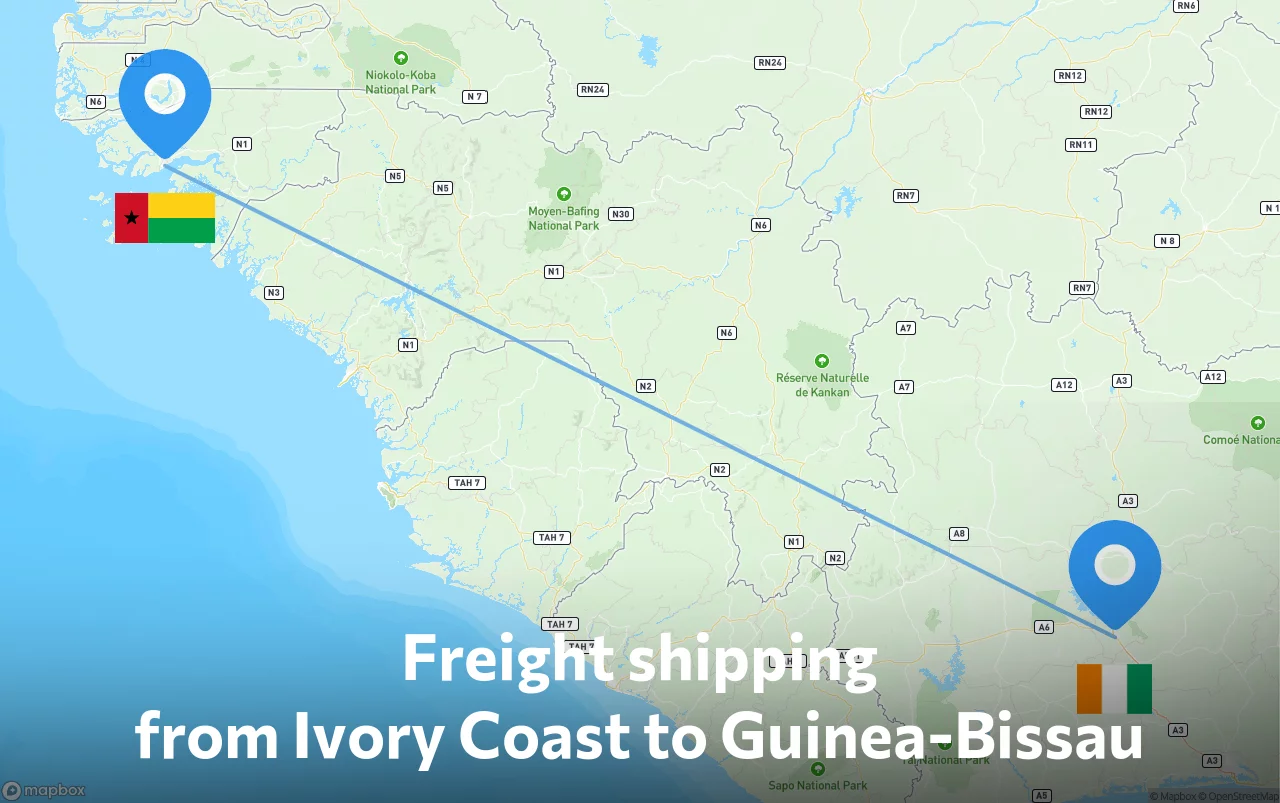 Shipping route from Ivory Coast to Guinea-Bissau