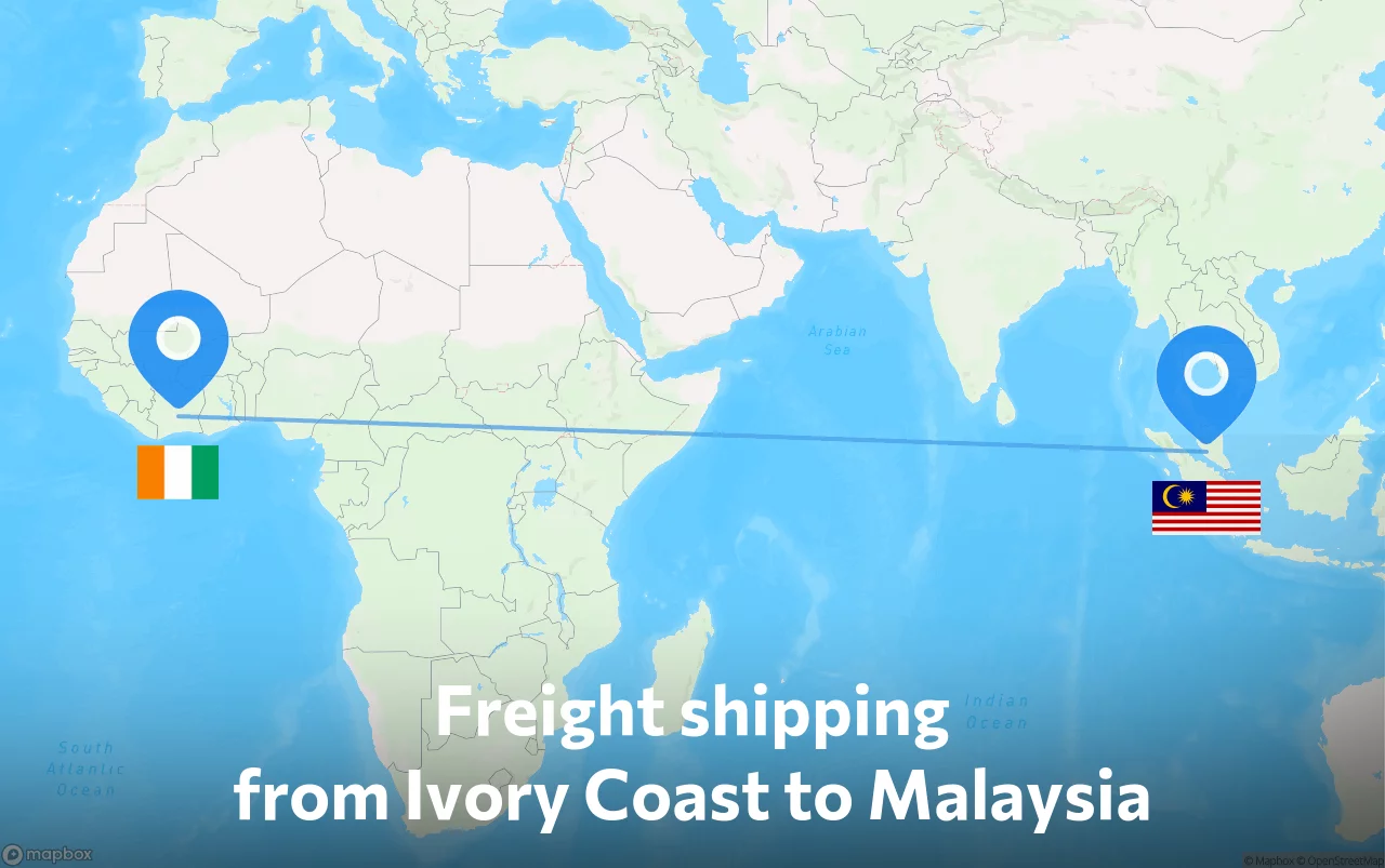 Shipping route from Ivory Coast to Malaysia