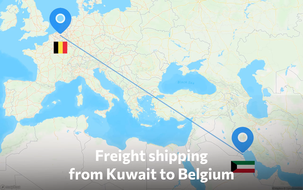Shipping route from Kuwait to Belgium