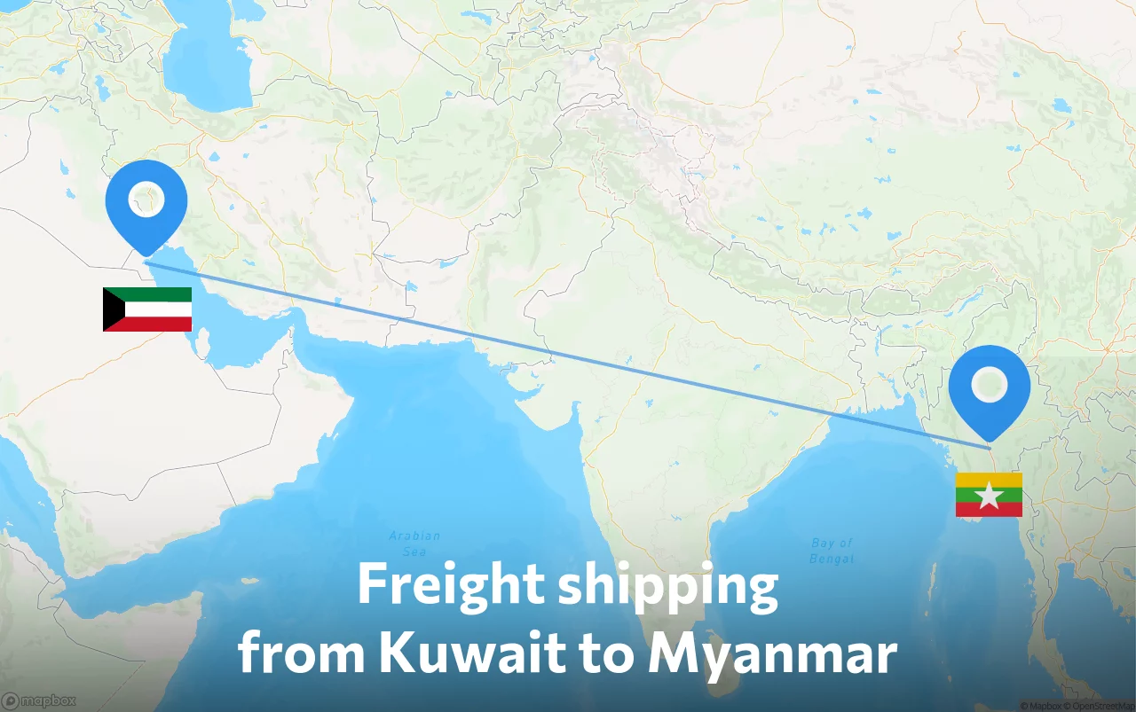 Shipping route from Kuwait to Myanmar