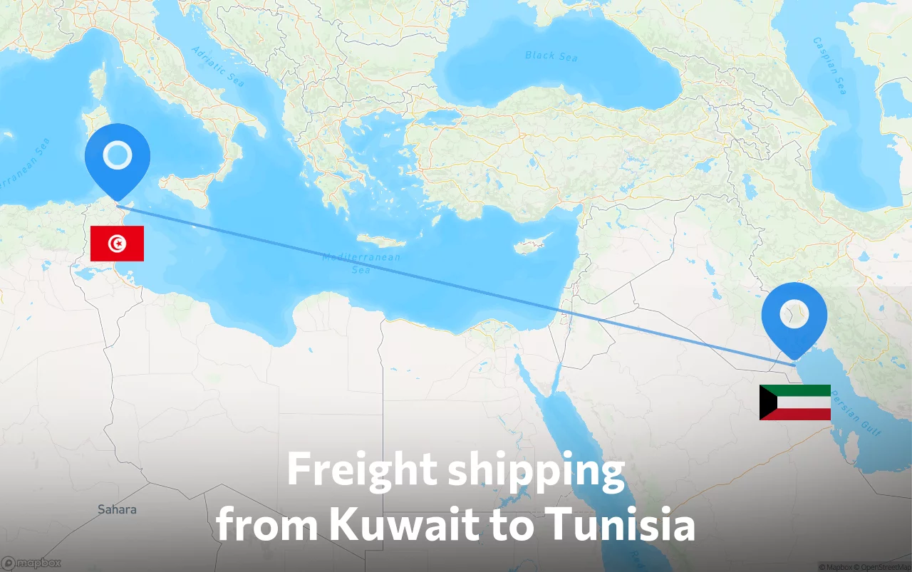 Shipping route from Kuwait to Tunisia