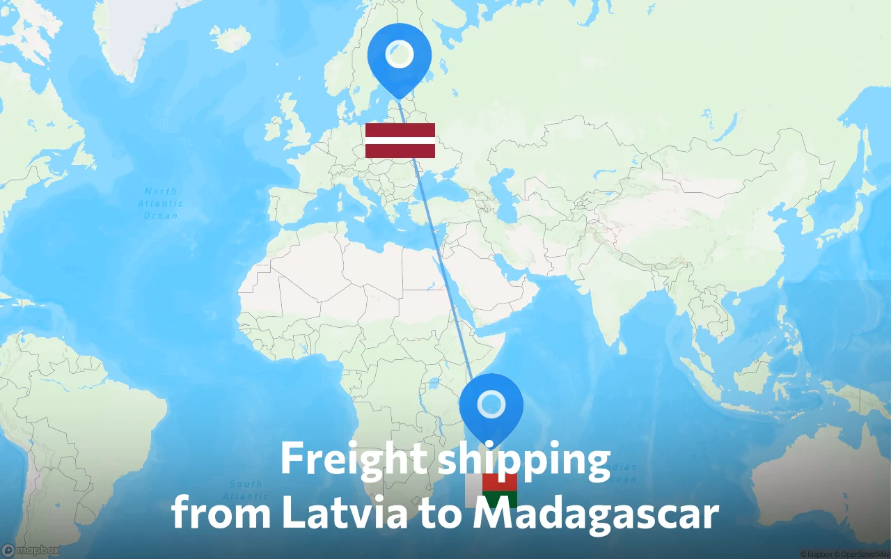 Shipping route from Latvia to Madagascar