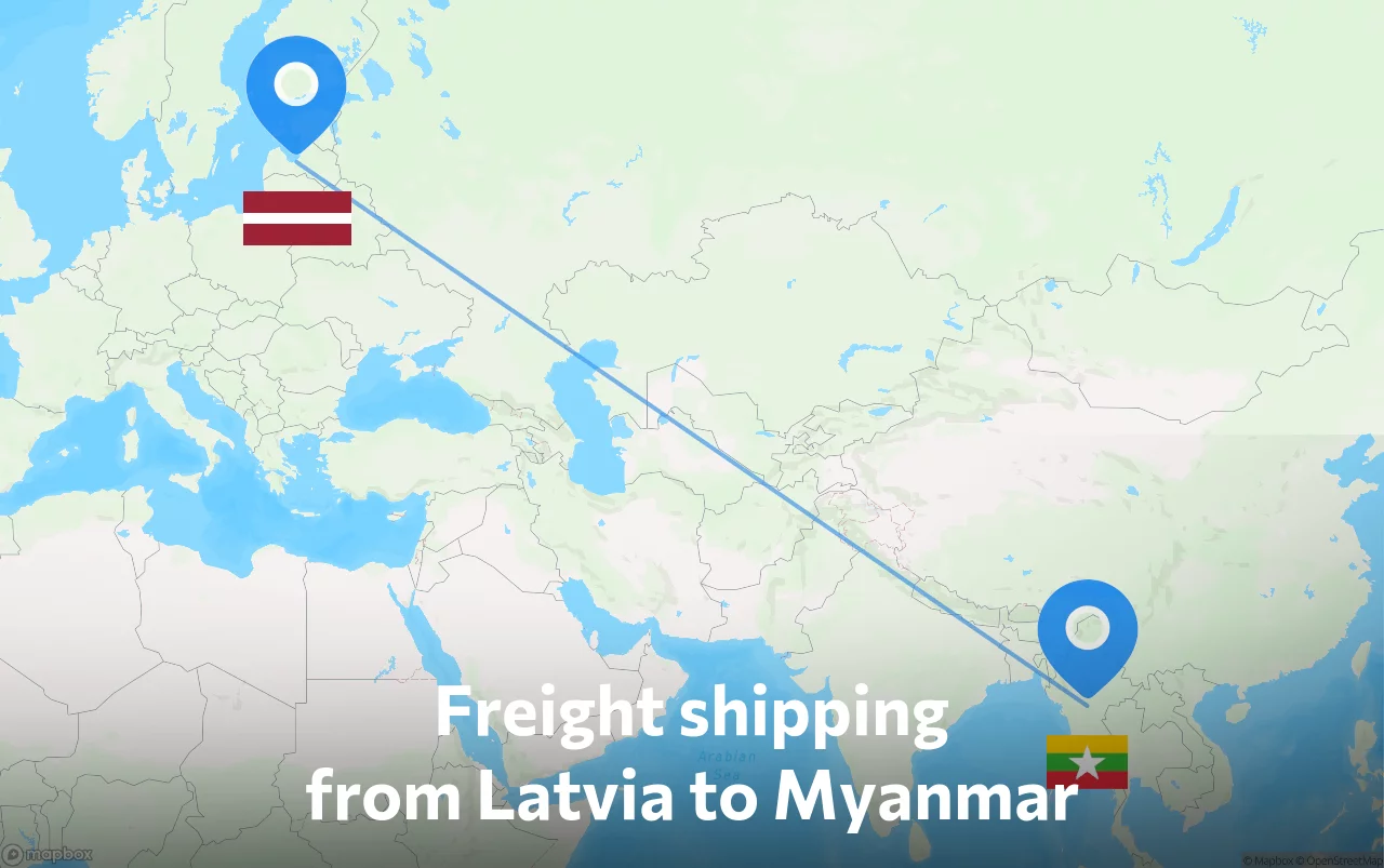 Shipping route from Latvia to Myanmar