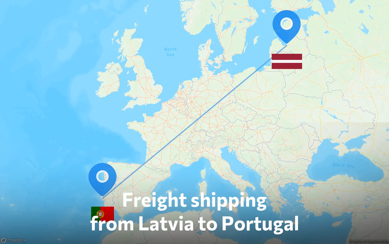 Shipping route from Latvia to Portugal
