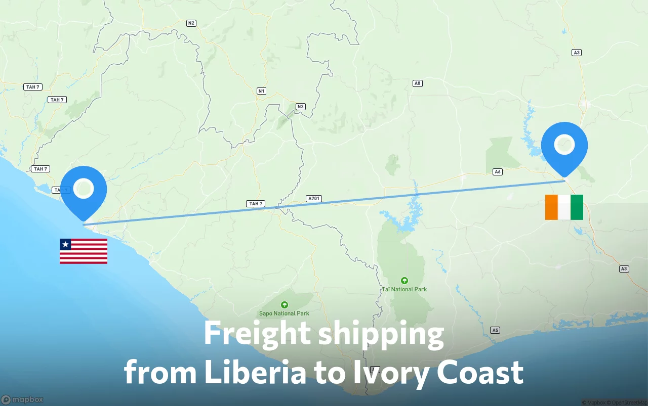 Shipping route from Liberia to Ivory Coast