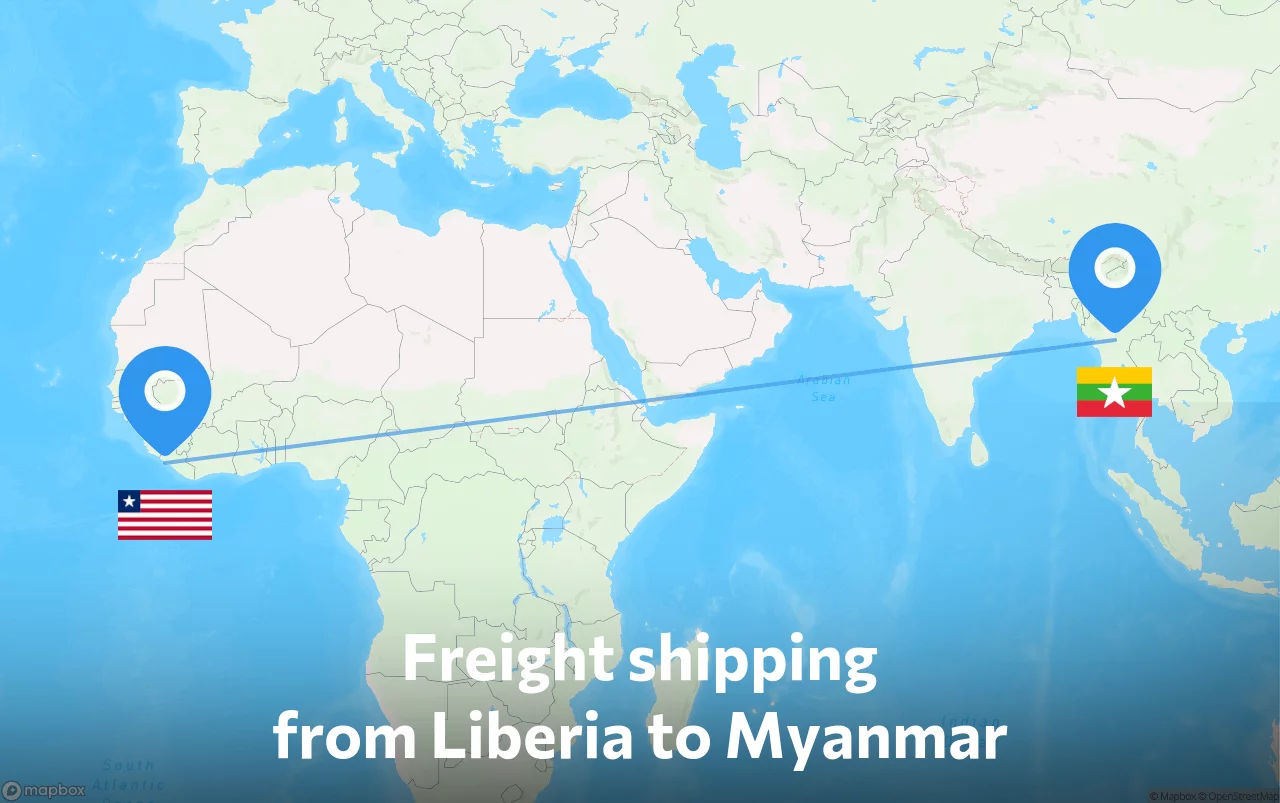 Shipping route from Liberia to Myanmar