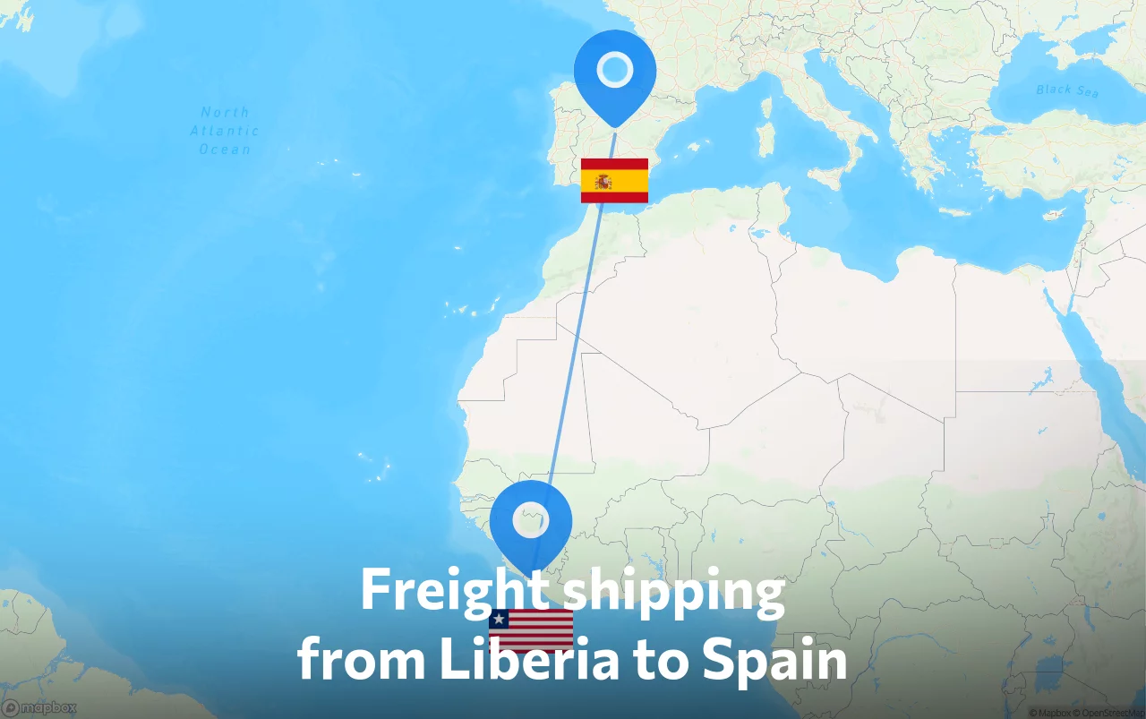 Shipping route from Liberia to Spain