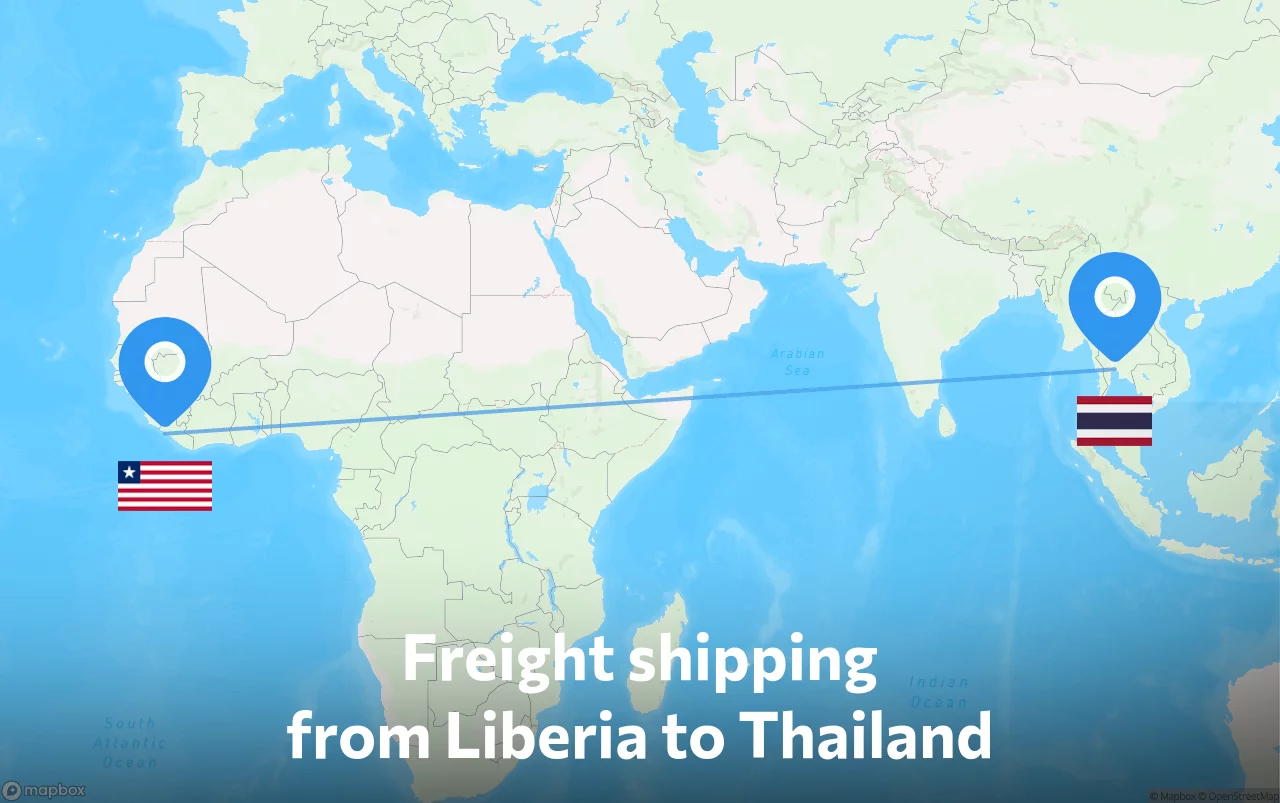 Shipping route from Liberia to Thailand