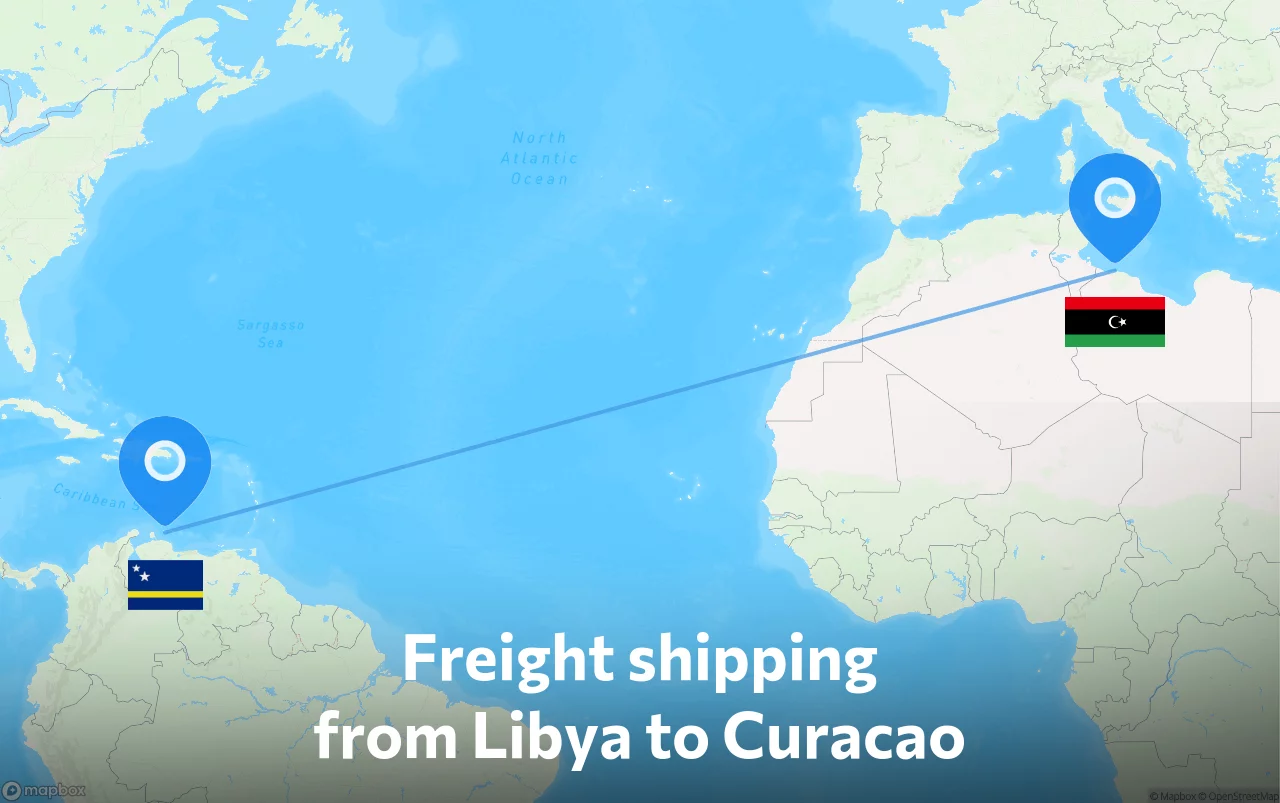 Shipping route from Libya to Curacao