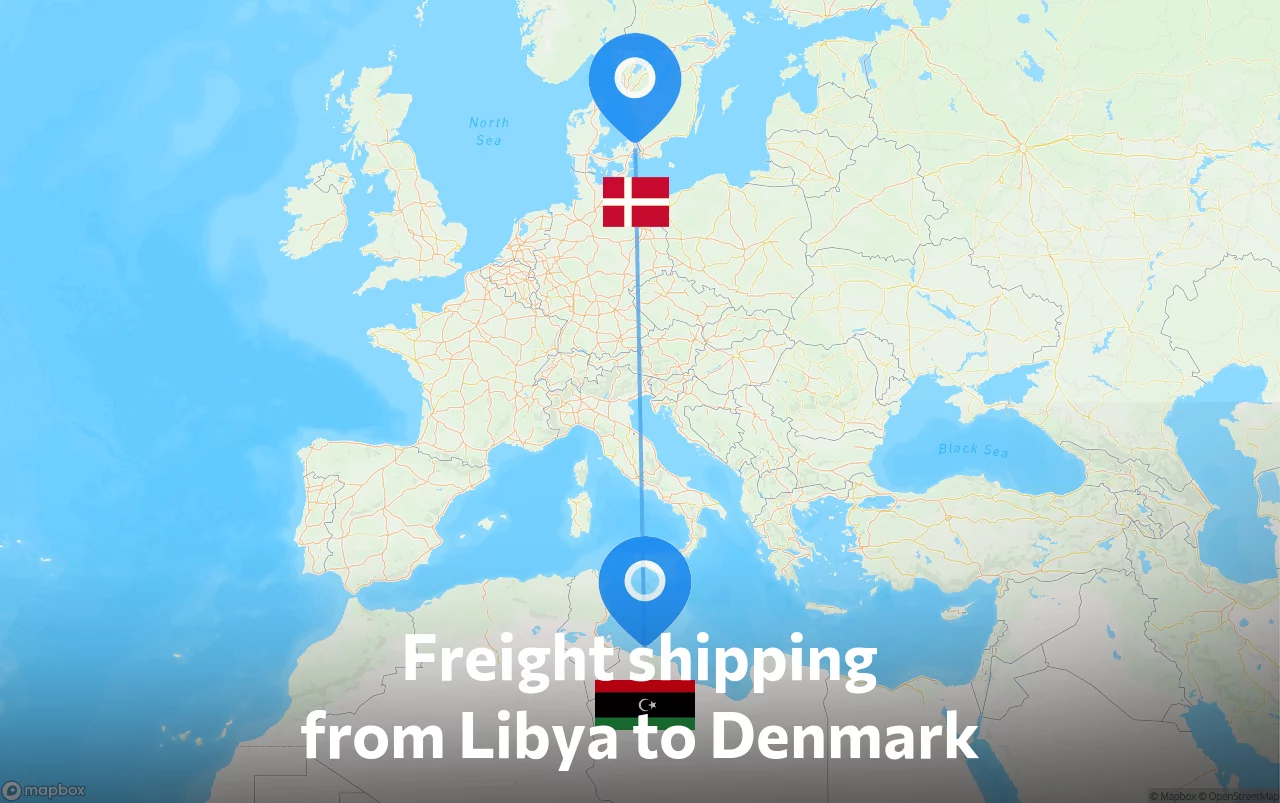 Shipping route from Libya to Denmark