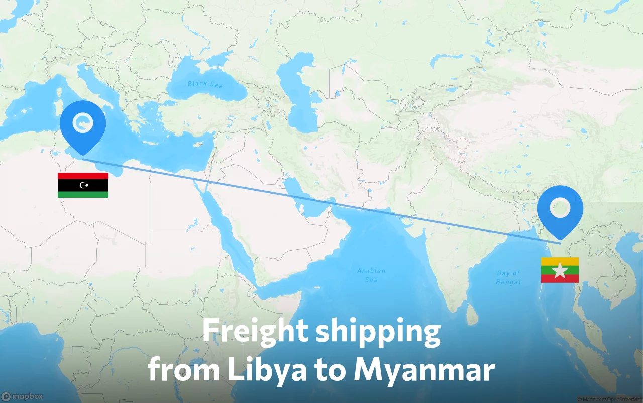 Shipping route from Libya to Myanmar