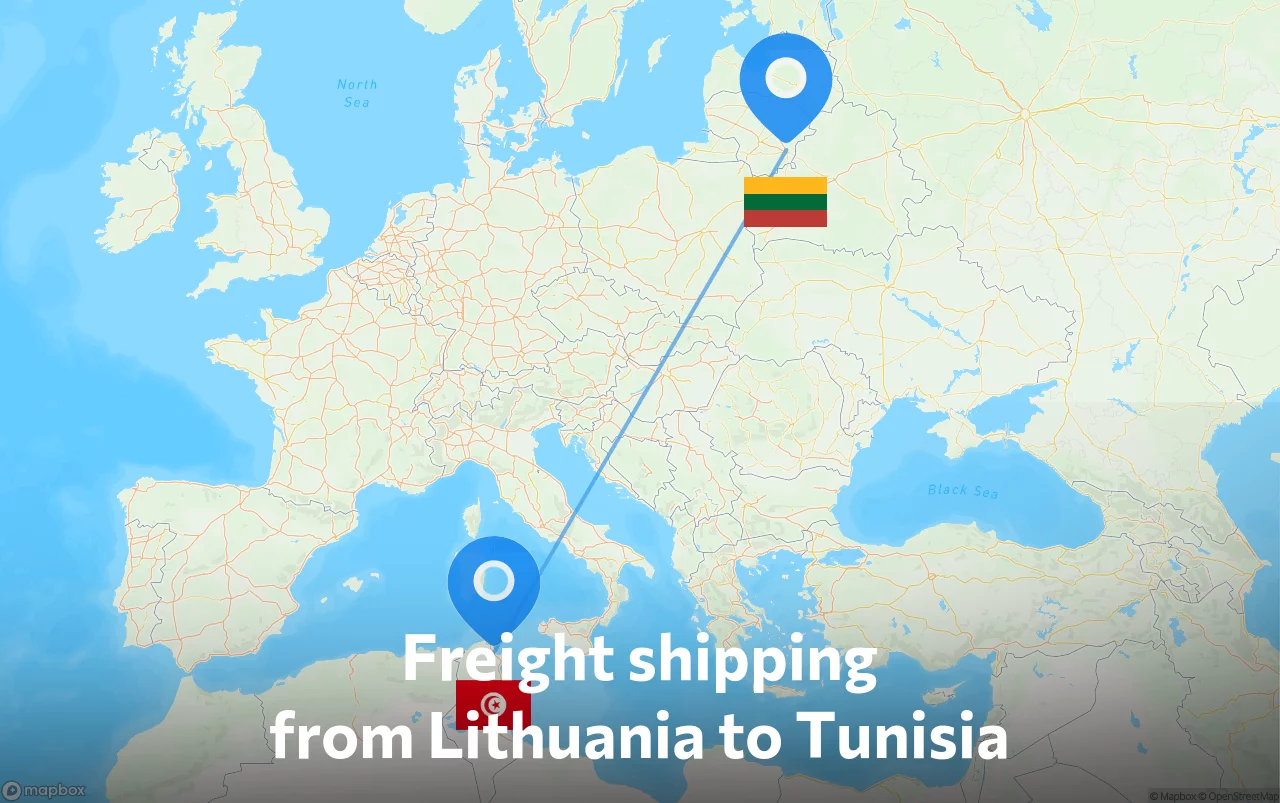 Shipping route from Lithuania to Tunisia