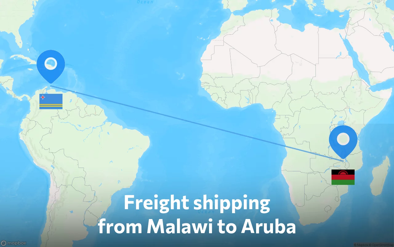 Shipping route from Malawi to Aruba