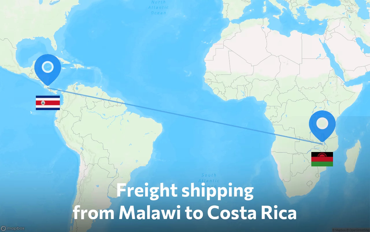 Shipping route from Malawi to Costa Rica