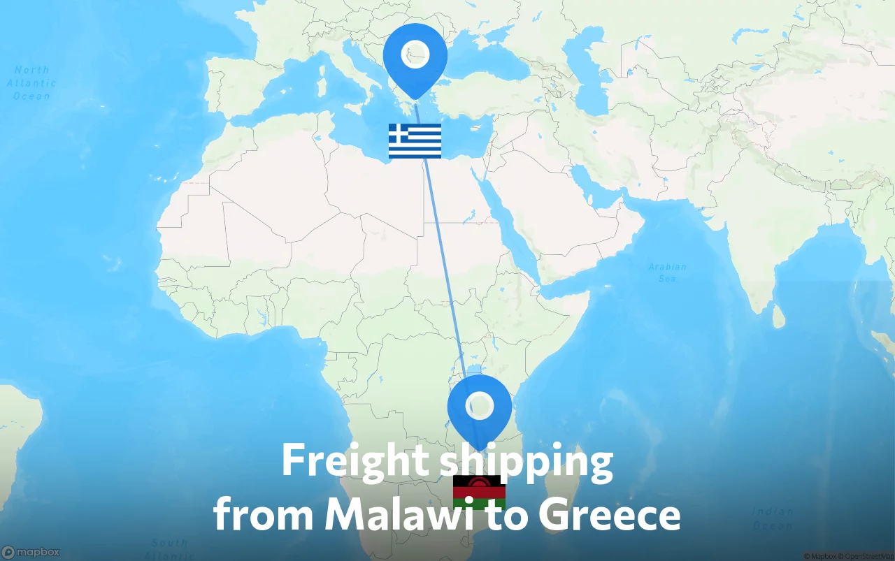 Shipping route from Malawi to Greece