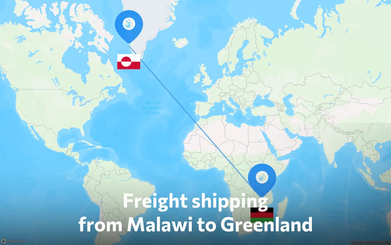 Shipping route from Malawi to Greenland