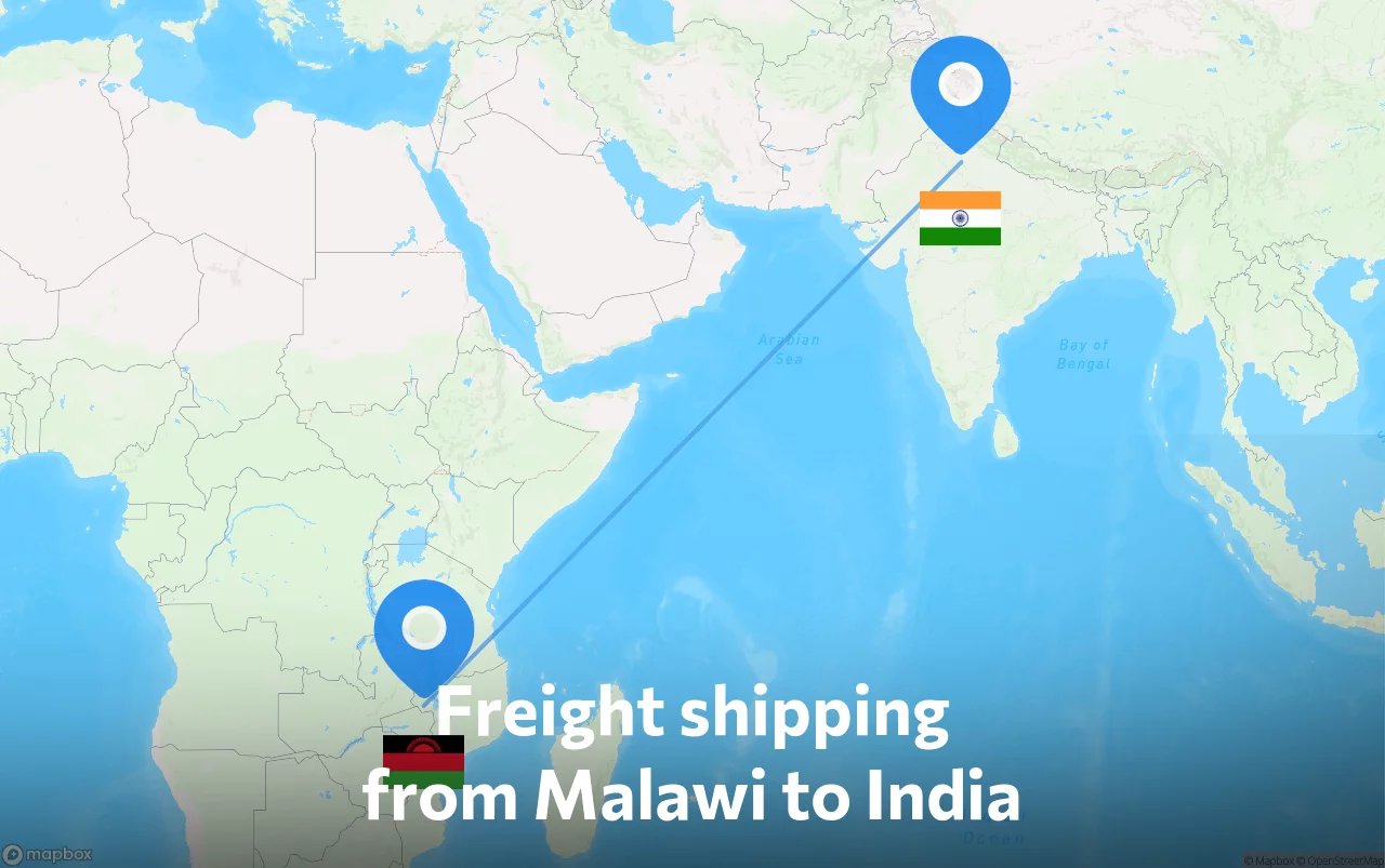 Shipping route from Malawi to India