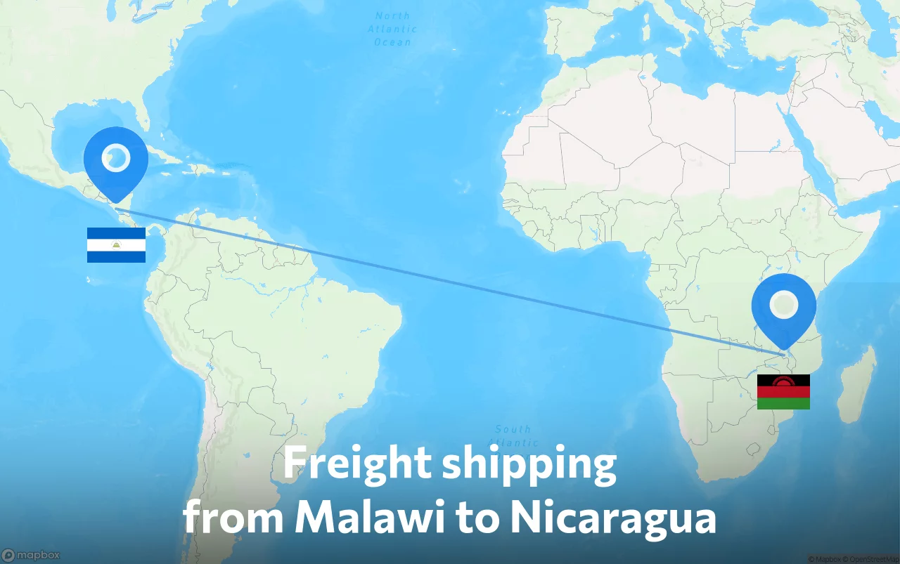 Shipping route from Malawi to Nicaragua