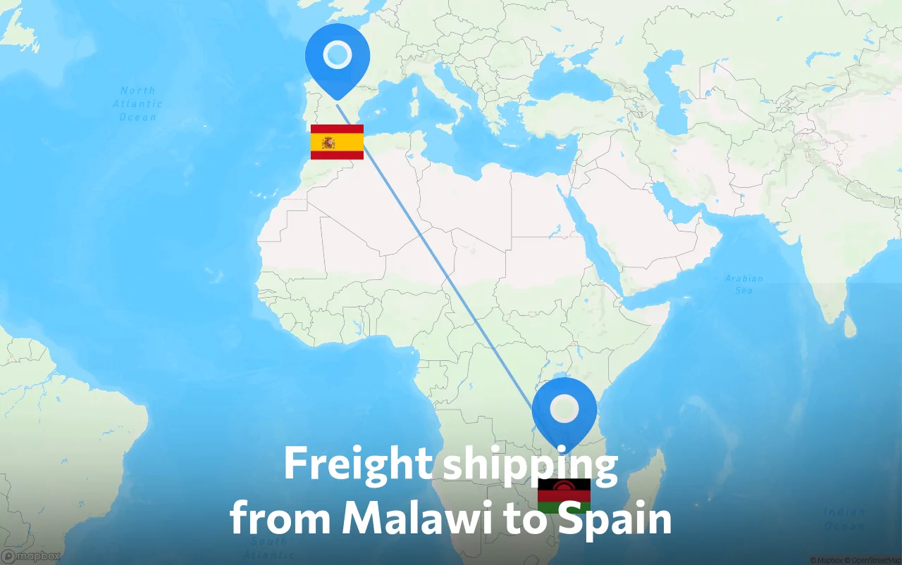 Shipping route from Malawi to Spain