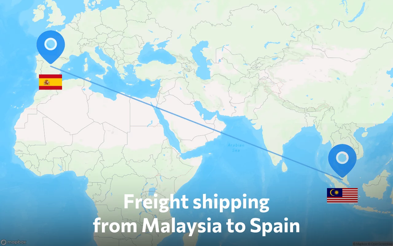 Shipping route from Malaysia to Spain
