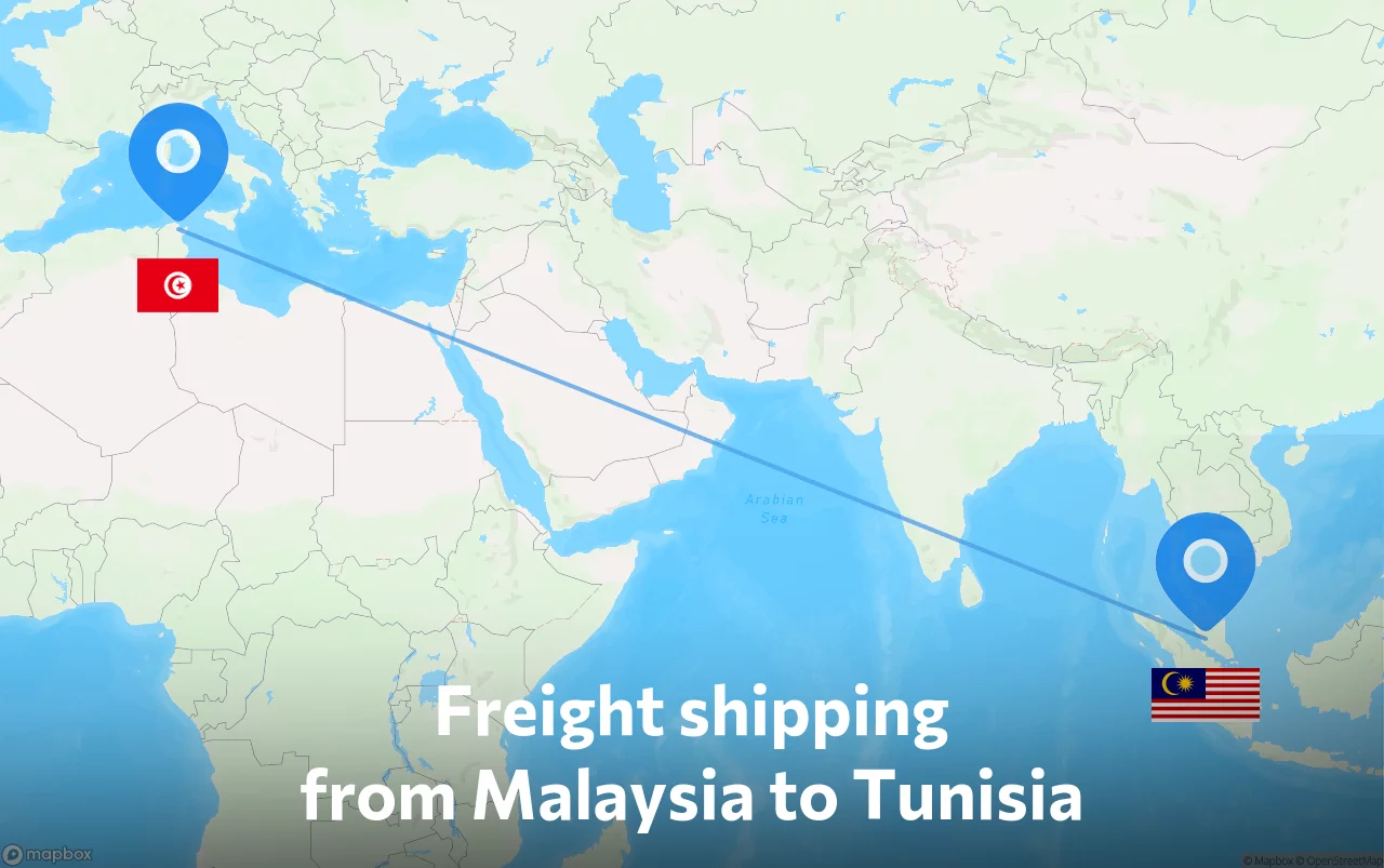 Shipping route from Malaysia to Tunisia