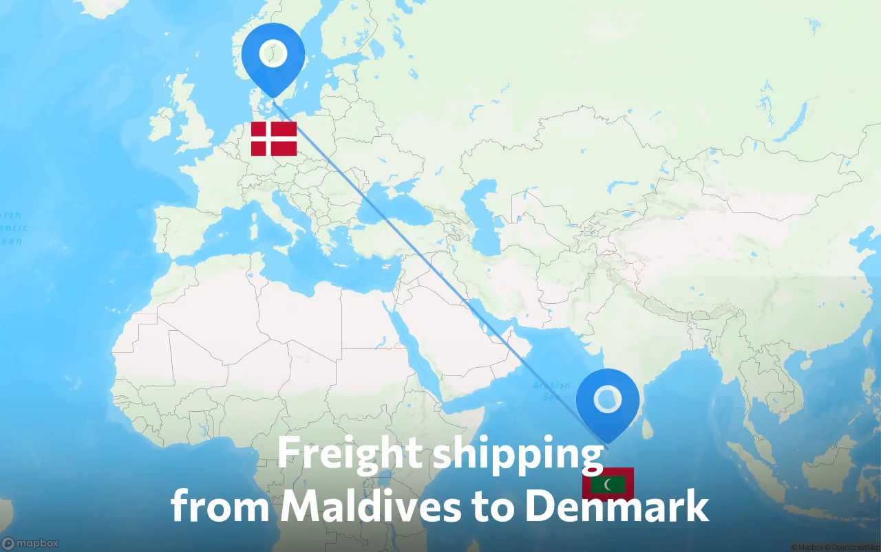 Shipping route from Maldives to Denmark