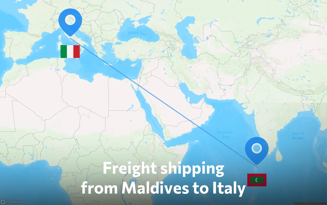 Shipping route from Maldives to Italy