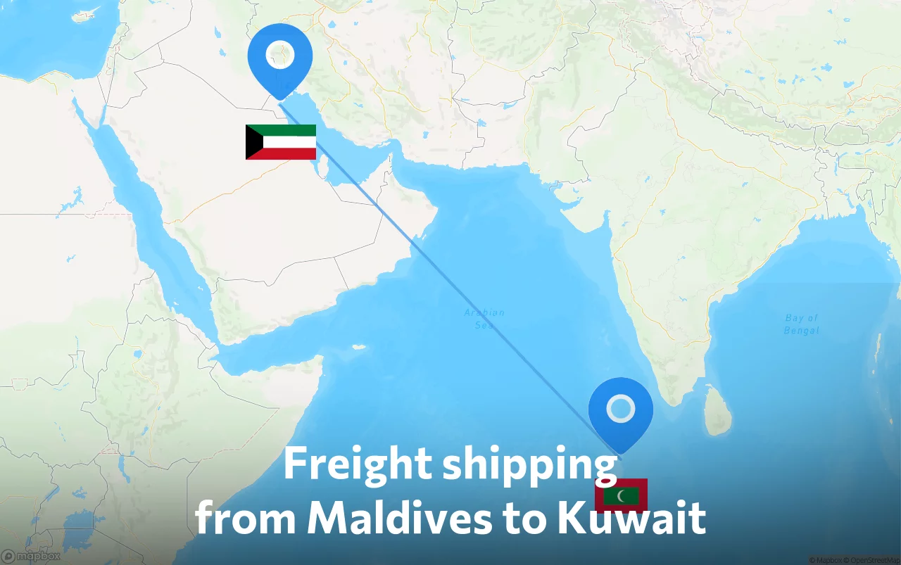 Shipping route from Maldives to Kuwait