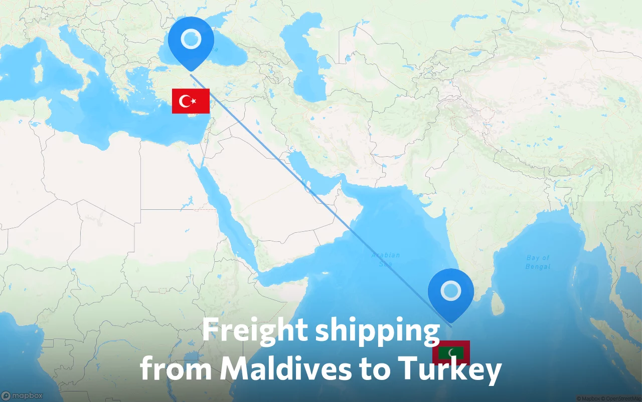 Shipping route from Maldives to Turkey