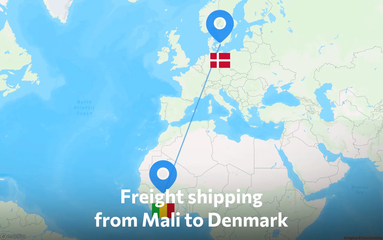 Shipping route from Mali to Denmark