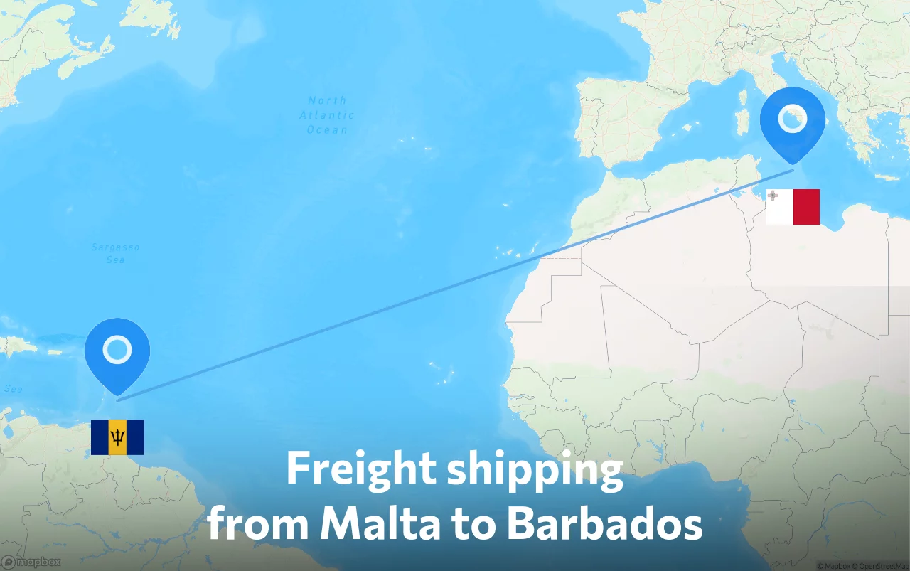 Shipping route from Malta to Barbados