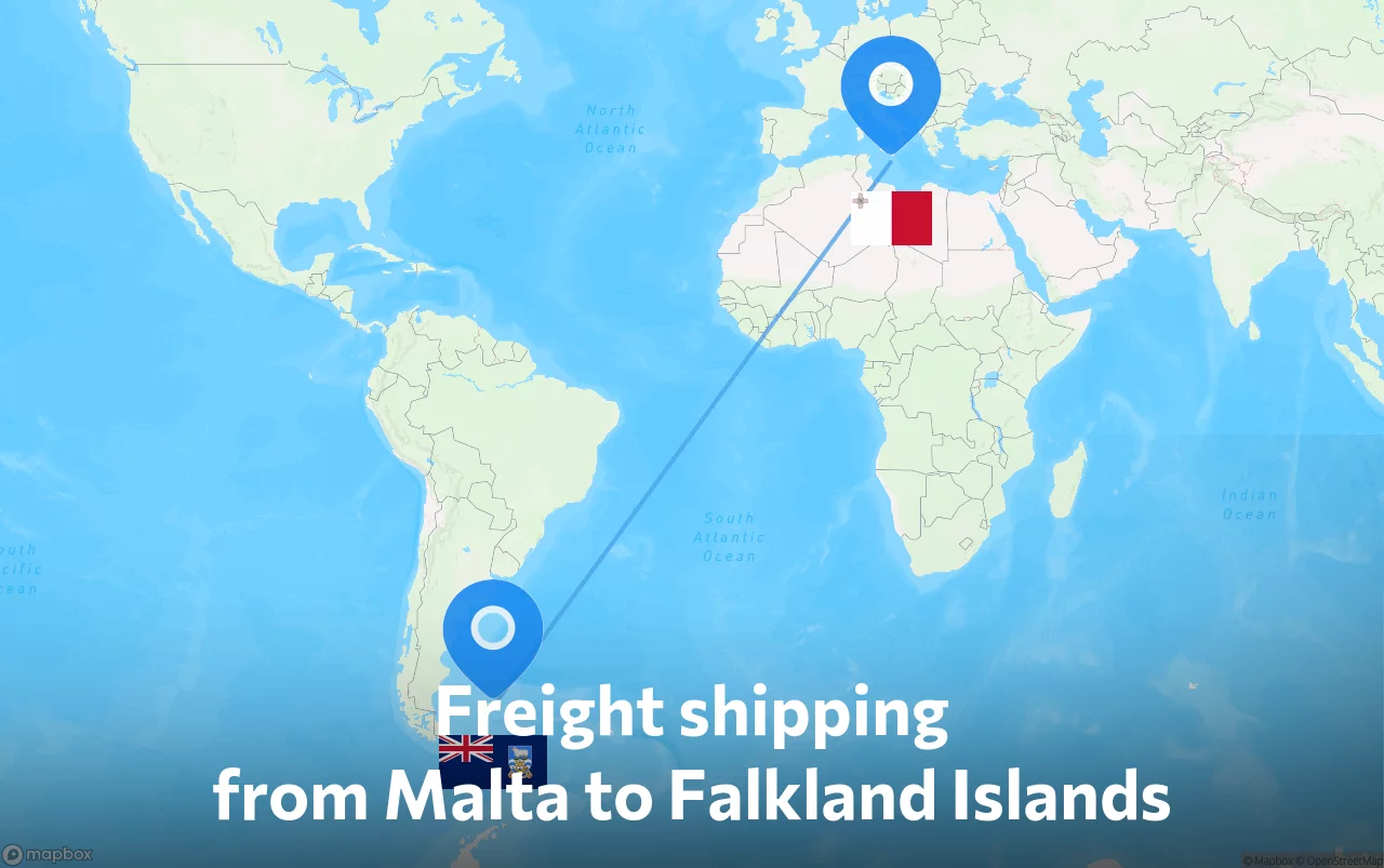 Shipping route from Malta to Falkland Islands