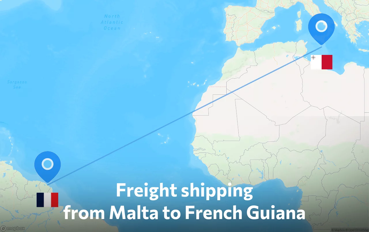 Shipping route from Malta to French Guiana