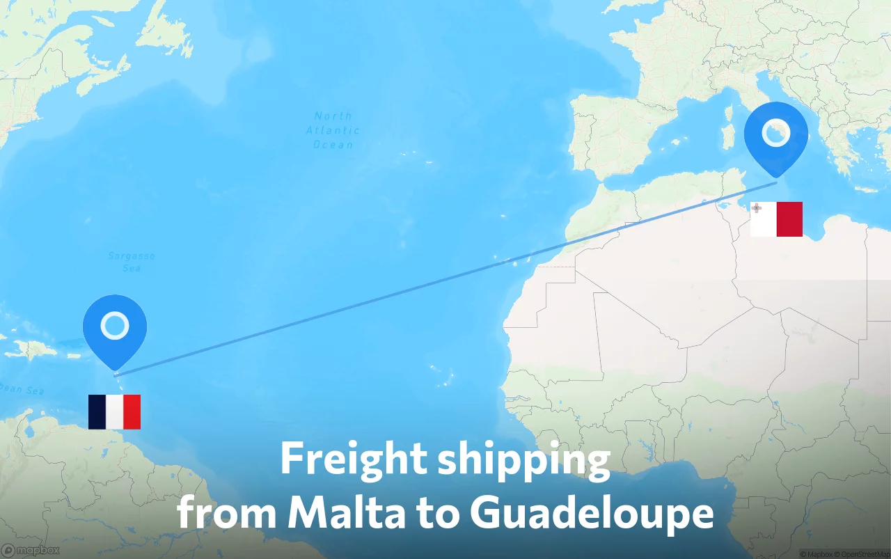 Shipping route from Malta to Guadeloupe